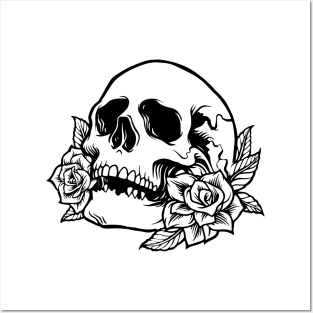 Drawn Skull with Roses Posters and Art